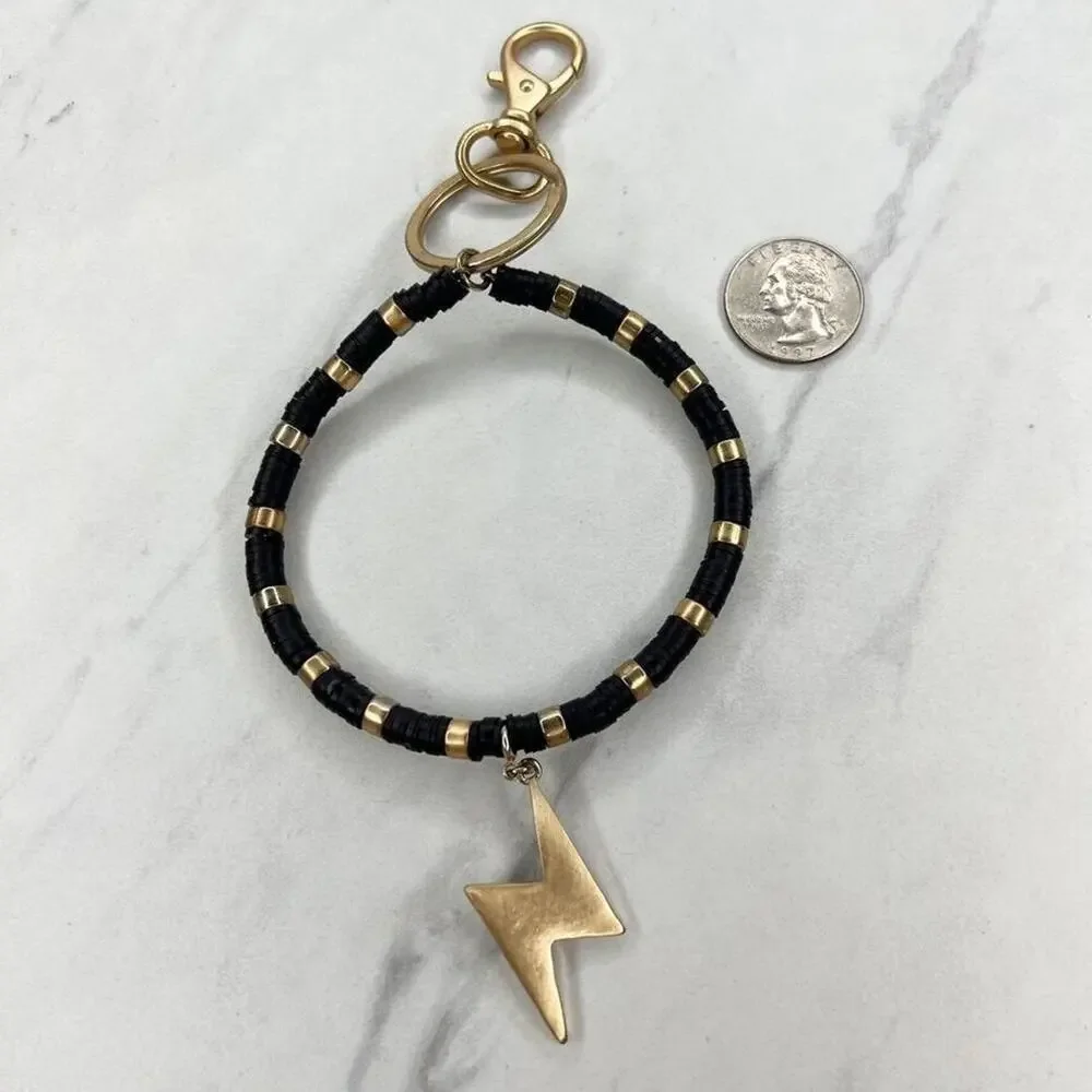 Gold Tone and Black Beaded Bracelet Lightning Charm Keychain Keyring